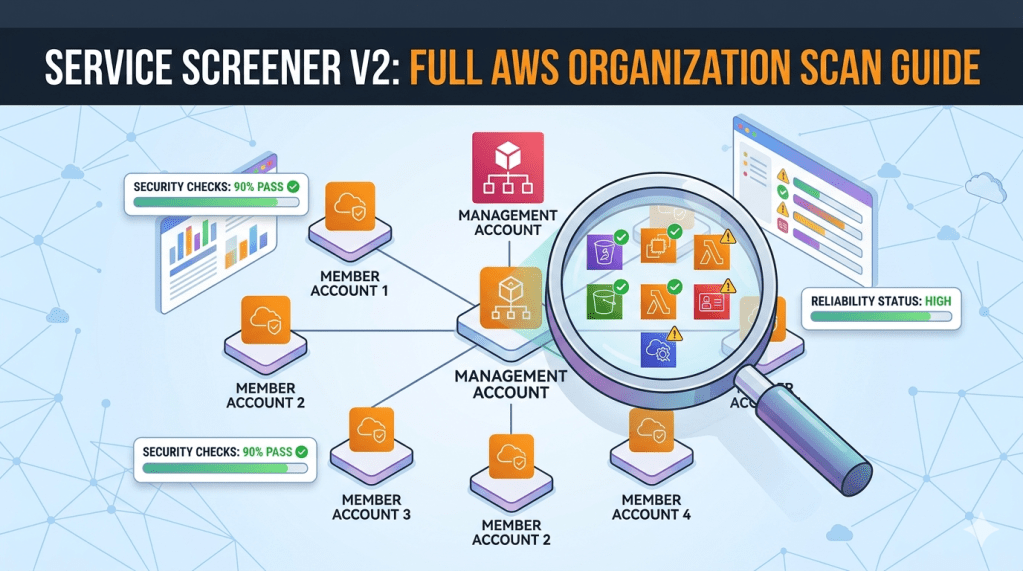Infographic of Service Screener v2 showing a central AWS Management Account scanning multiple member accounts with a magnifying glass, highlighting security and reliability checks.