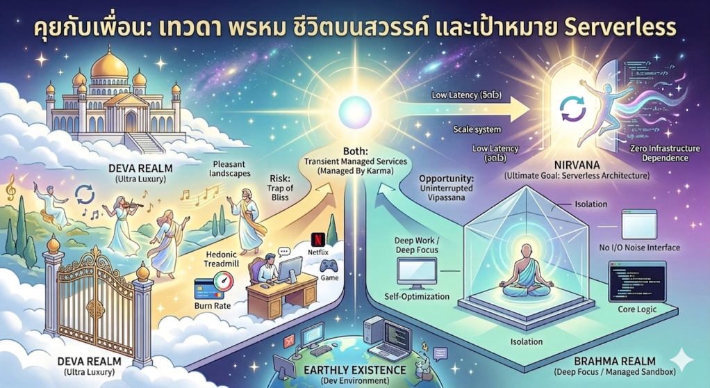 อินโฟกราฟิกเปรียบเทียบสวรรค์และพรหมกับระบบ IT Managed Services และเป้าหมายนิพพานแบบ Serverless